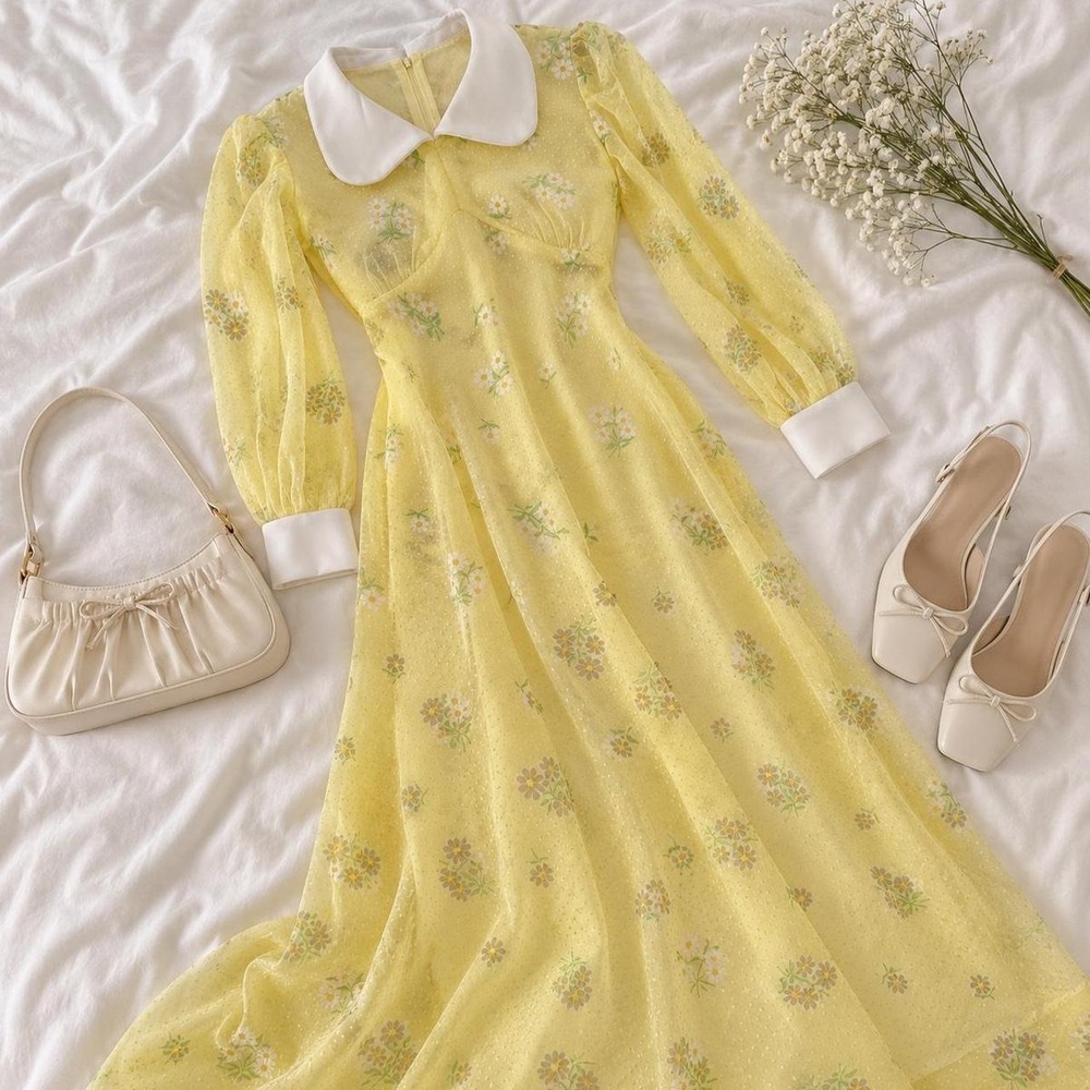 70s yellow floral maxi dress  1970s sheer yellow floral maxi dress